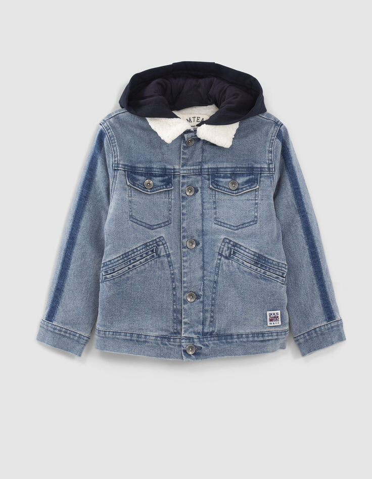 Boys’ blue denim Sherpa-lined jacket, hooded facing-1