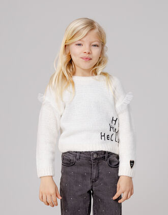 Girl's ecru knitted sweater with embroidered message