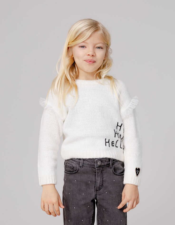 Girl's ecru knitted sweater with embroidered message-2