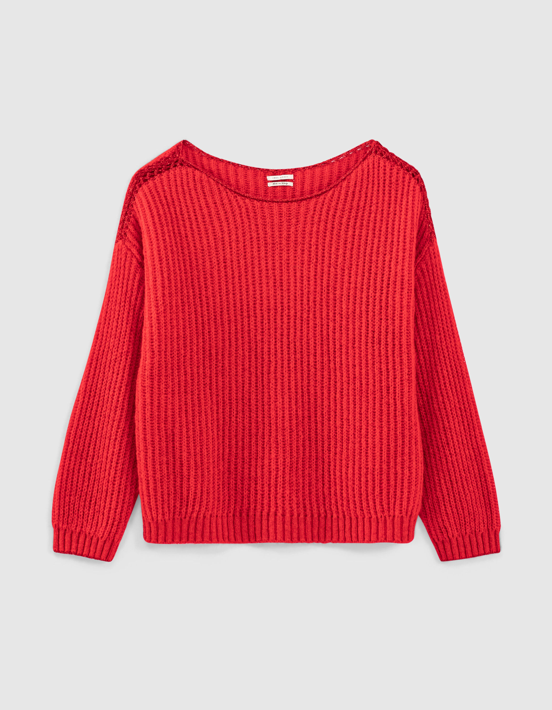 Women's red chunky knit sweater with mohair