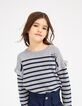 Girls’ grey marl sweater with navy stripes and ruffles-1