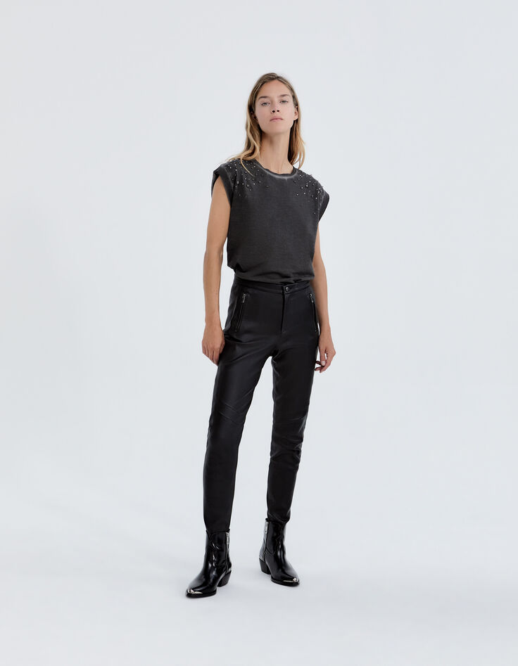 Schwarzes Damen-T-Shirt mit Nieten und Strass-6