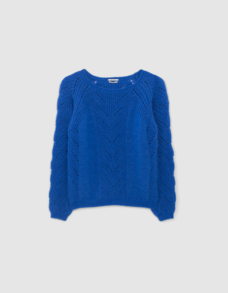 Women’s electric blue openwork knit rolled neck sweater-1