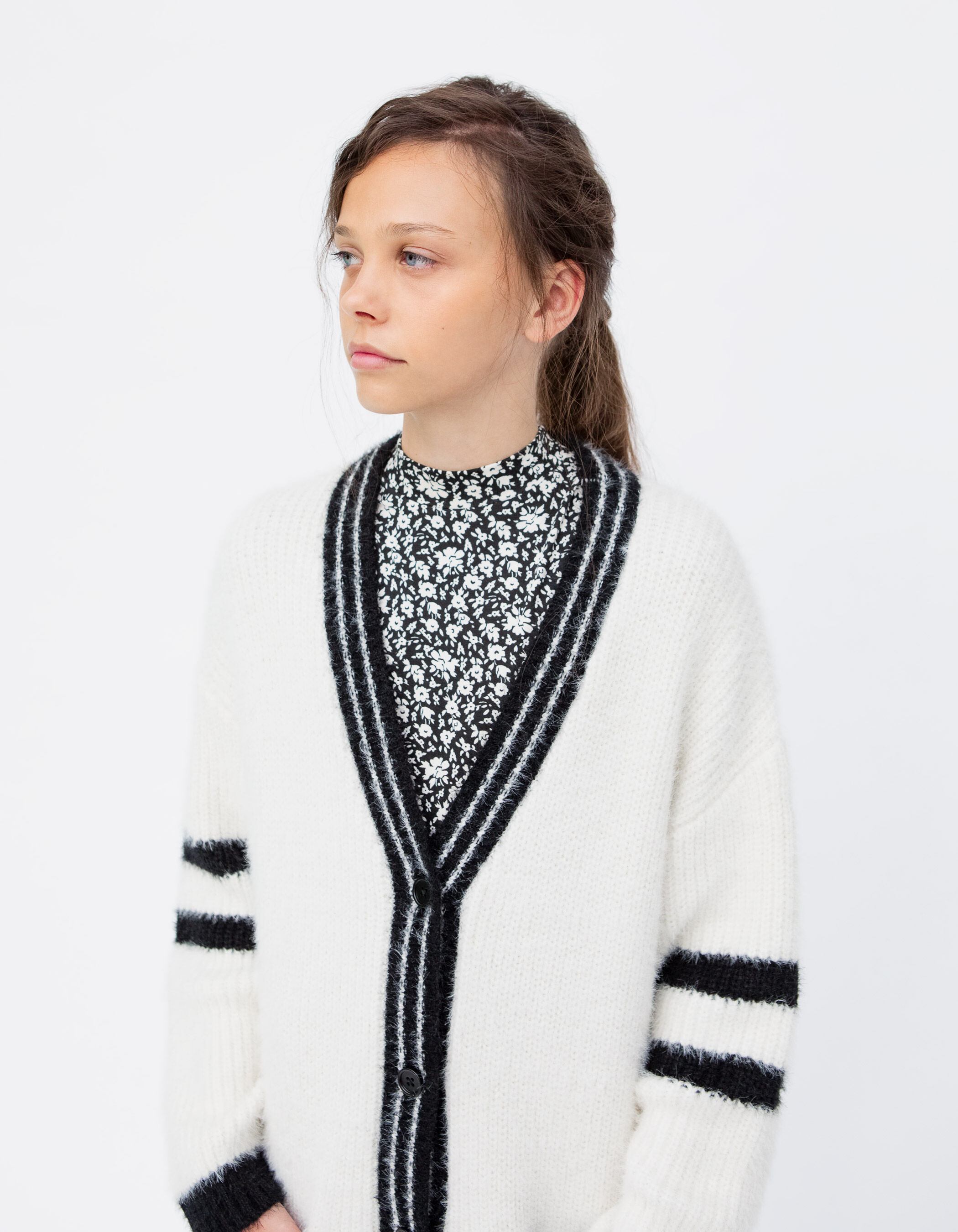Girls’ ecru College-style furry knit long cardigan