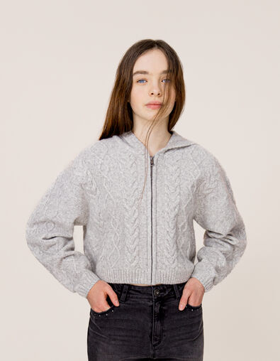 Cardigan gris zippé tricot à torsades fille - IKKS