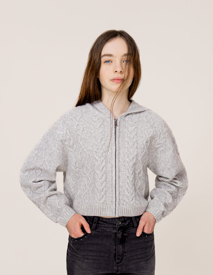 Cardigan gris zippé tricot à torsades fille-1