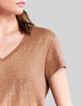 Camiseta cuello de pico camel de lino foil mujer-4