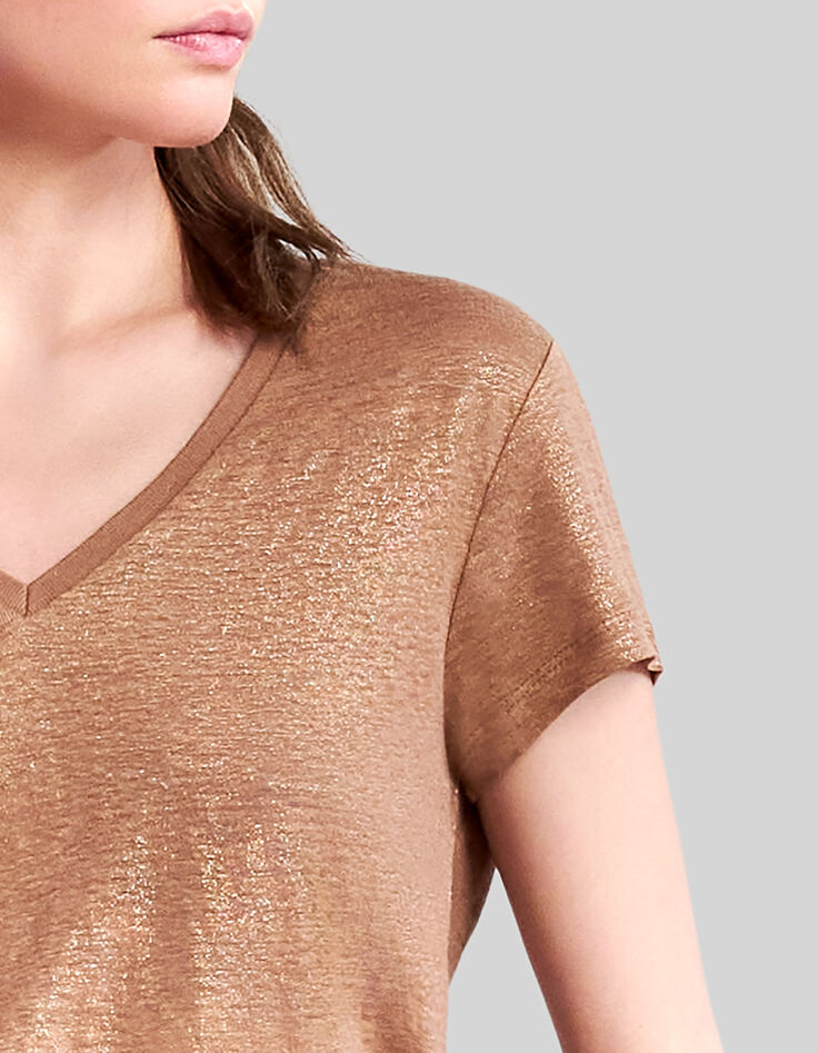 Camiseta cuello de pico camel de lino foil mujer-4