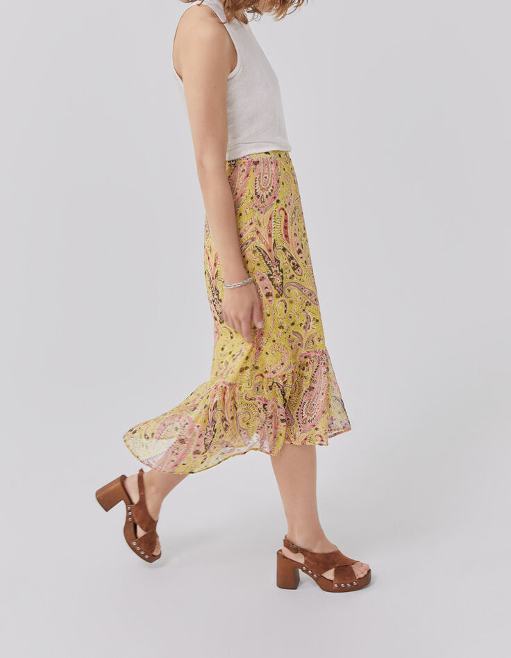 Women’s yellow paisley summer asymmetric midi skirt-5