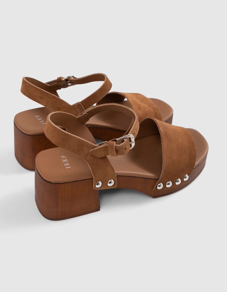 Women’s camel suede sandals with wooden heels-4