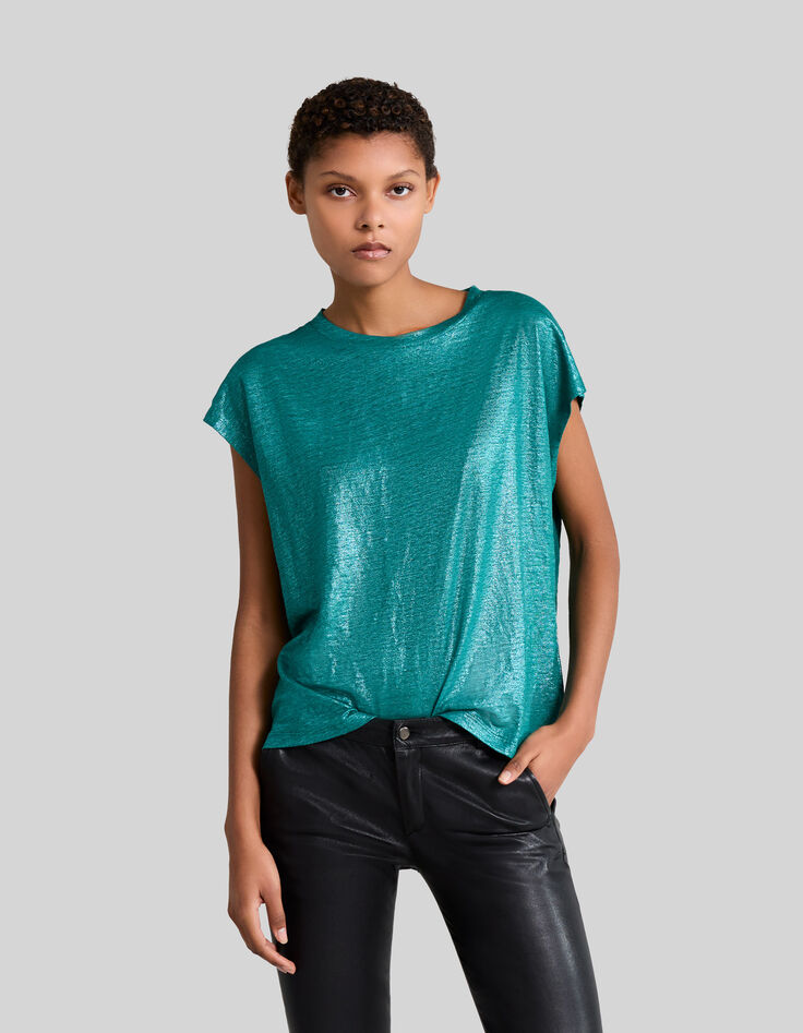 Women’s emerald iridescent soft linen T-shirt-2