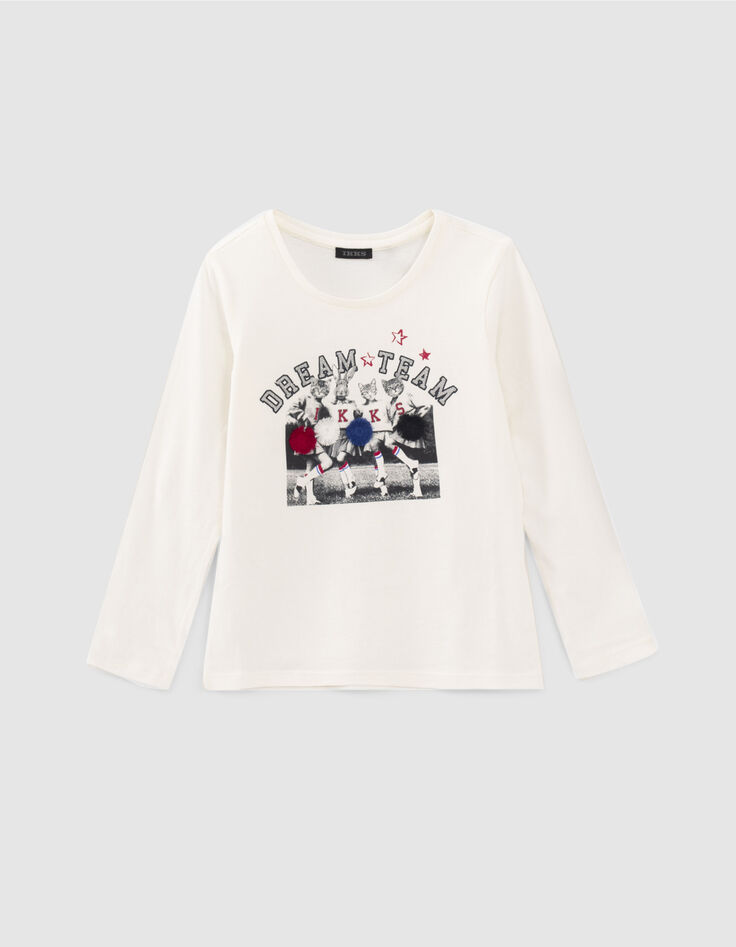 Cremeweißes Mädchen-T-Shirt mit 3D-Pom-Pom-Girl-Motiv-2