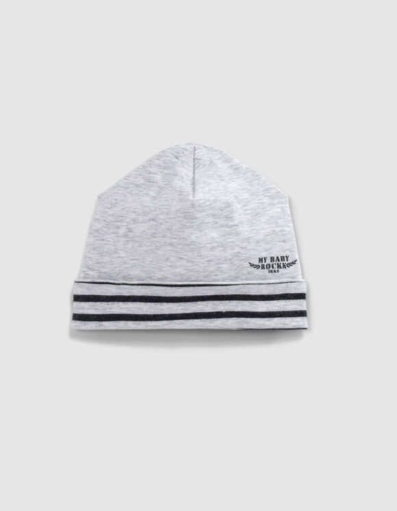 Baby’s putty marl&stripe organic cotton reversible beanie