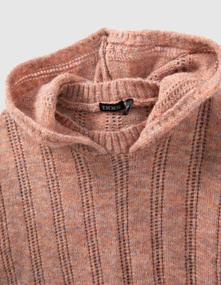 Rosenholzfarbener Ajours-Mädchenpullover mit Kapuze-2