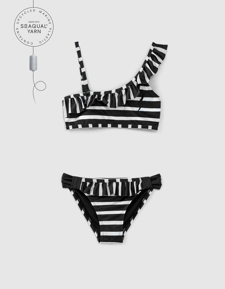 Girls’ black bikini with ecru stripes and badges-1