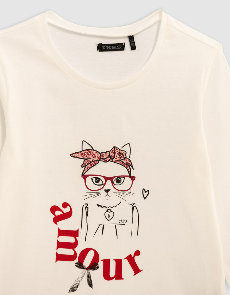 T-shirt écru visuel chat à foulard et lunettes fille-4