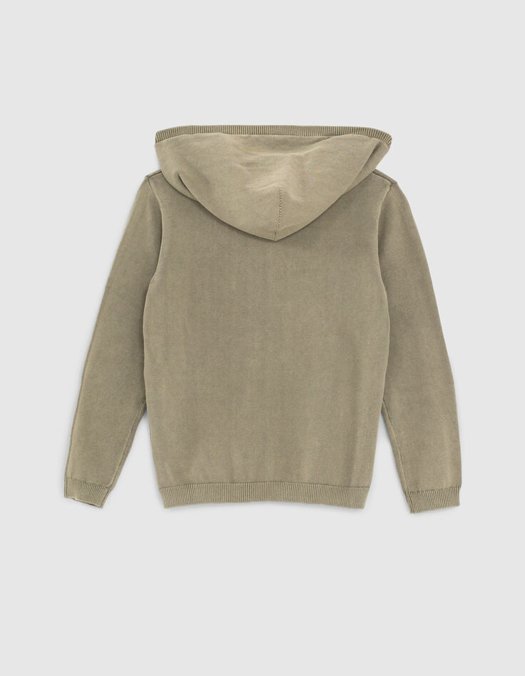 Boys’ khaki knit sweater with embossed shapes and hood-3