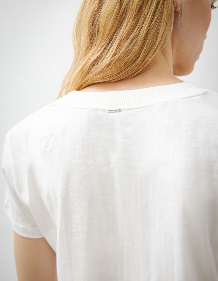 Tee-shirt blanc cassé en coton éclair brodé manche femme-4