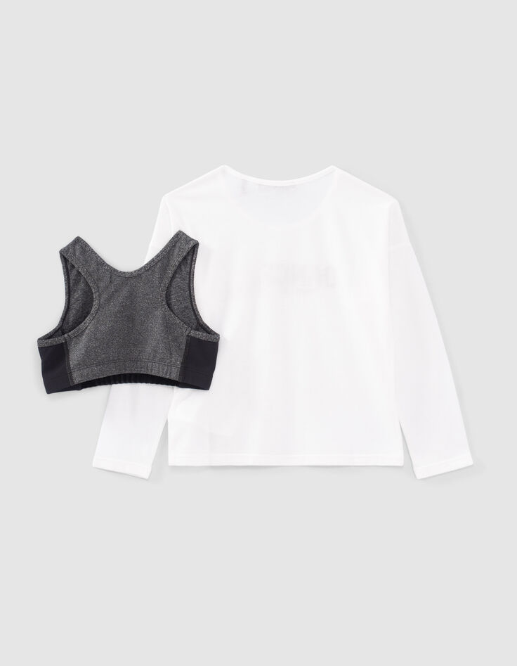 T-shirt 2-en-1 blanc et brassière grise fille-4