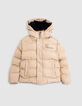 Chaqueta de plumón beige de niño con capucha desmontable-3