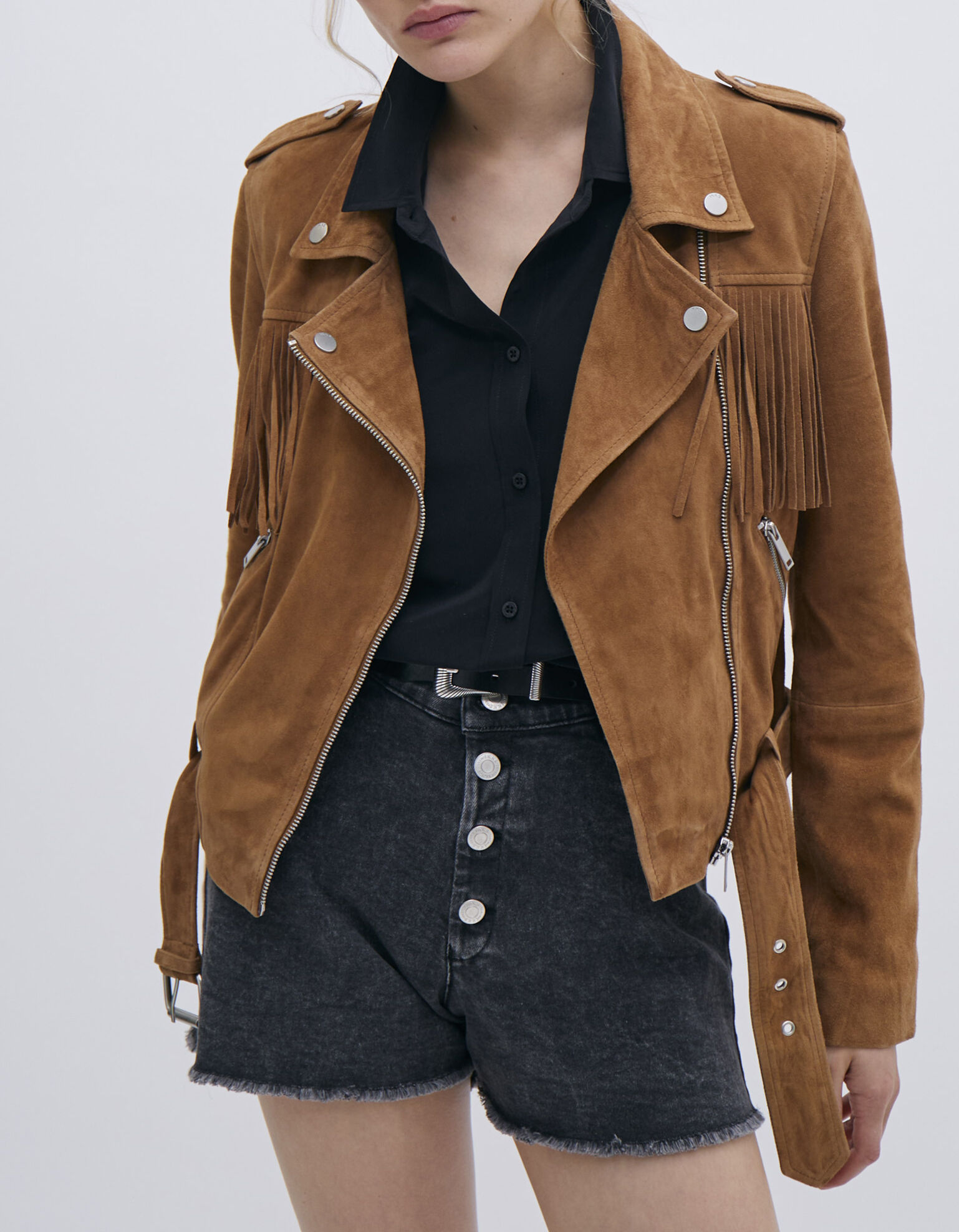 Women's camel suede fringed biker-style jacket