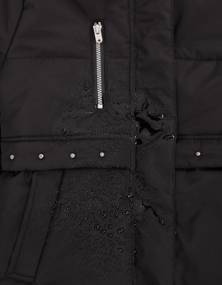 Lange, schwarze Mädchensteppjacke mit Futter und Kapuze-5