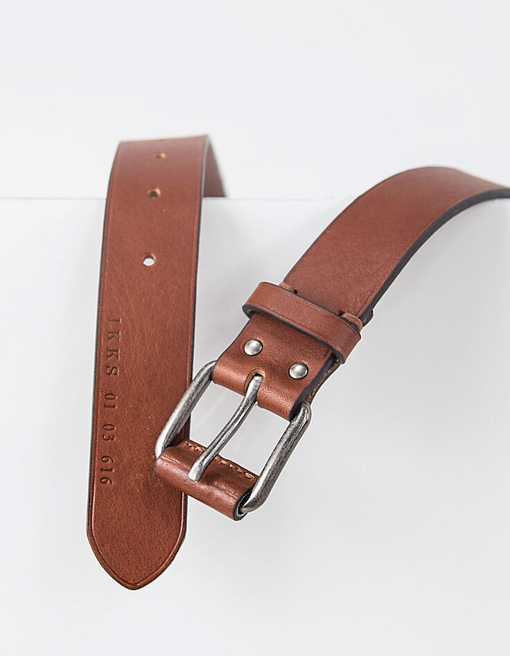 Men’s cognac leather belt with coated buckle-3