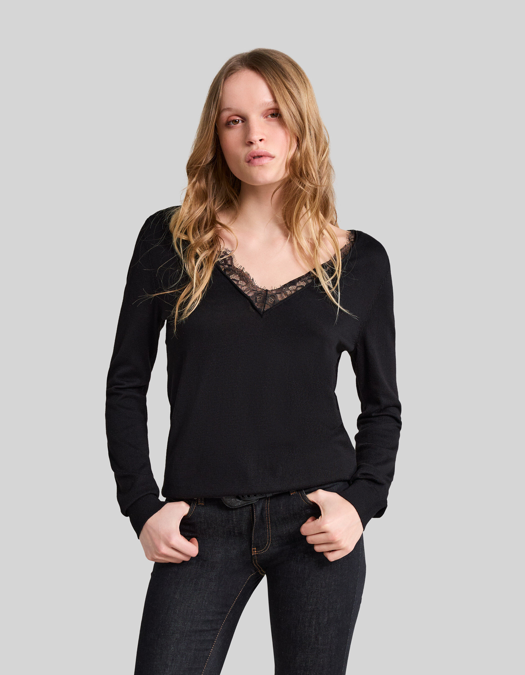 Women's black lace touch knit V-neck sweater