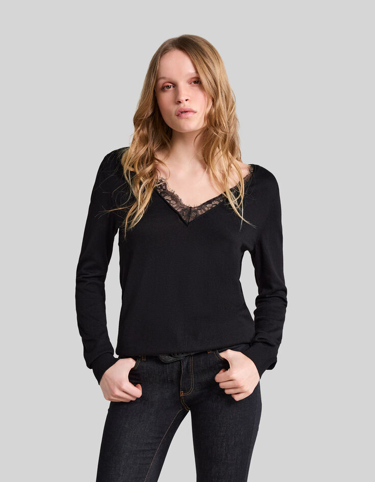 Women’s black lace touch knit V-neck sweater-2