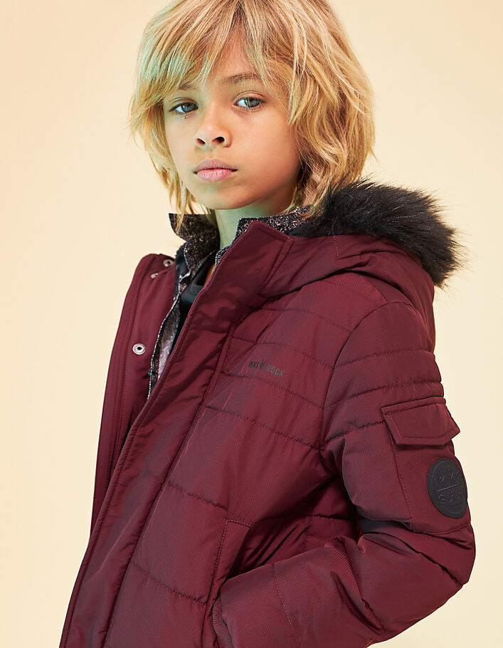 Boys’ plum padded jacket with fur-lined hood