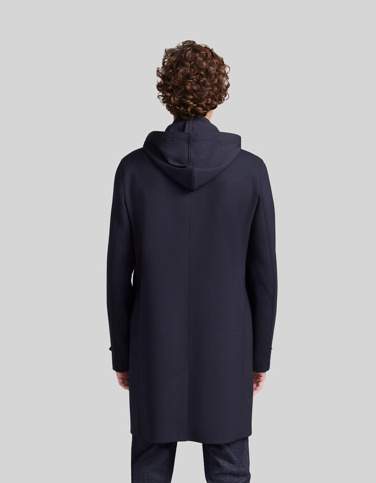 Men’s navy trench coat with detachable hood facing-3