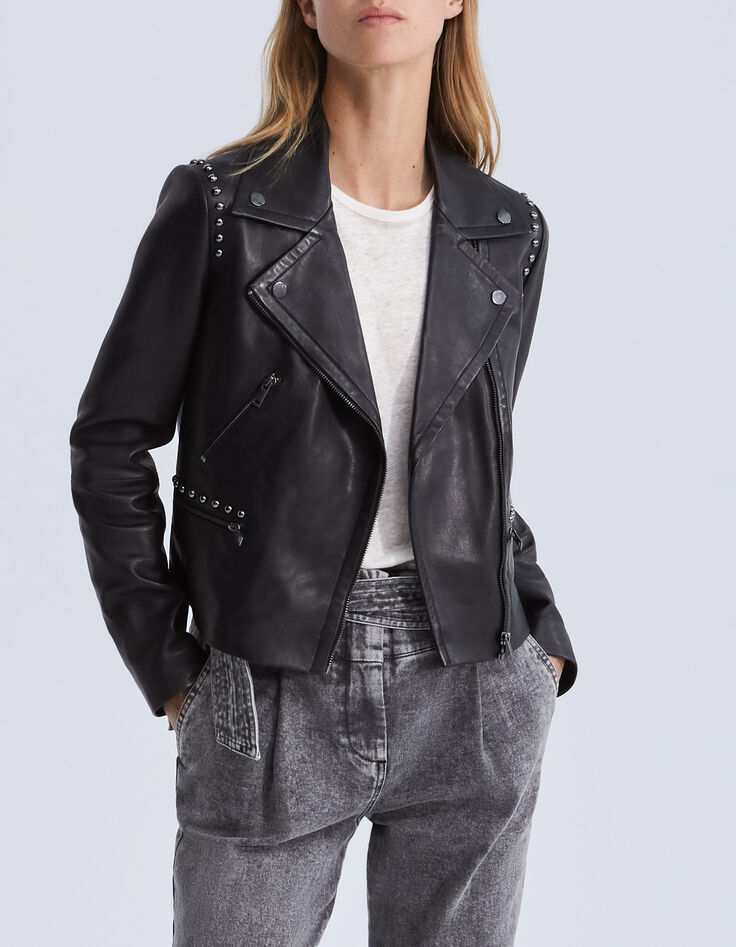 Veste en cuir noir cloutée esprit motard Femme-3