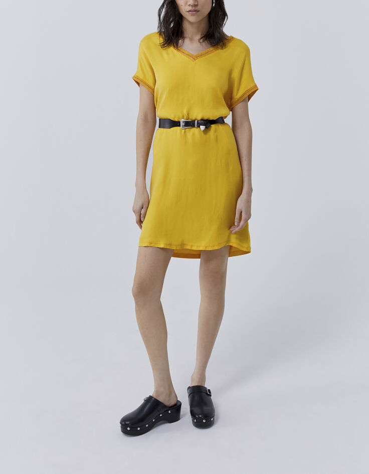 Women’s yellow mixed fabric sack dress with ribbing-4