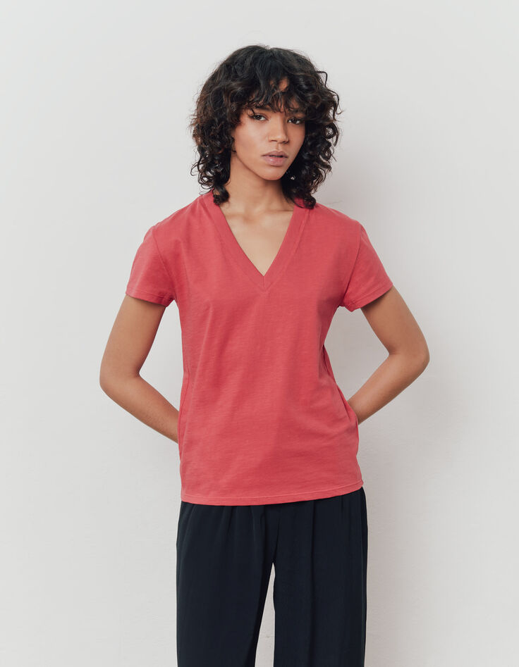 Tee-shirt rose en coton éclair brodé manche femme-2