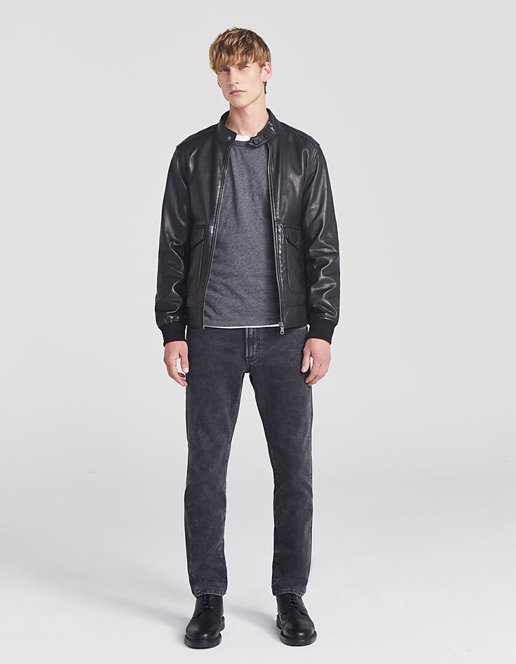 Men’s black biker-style double-pocket leather jacket-7
