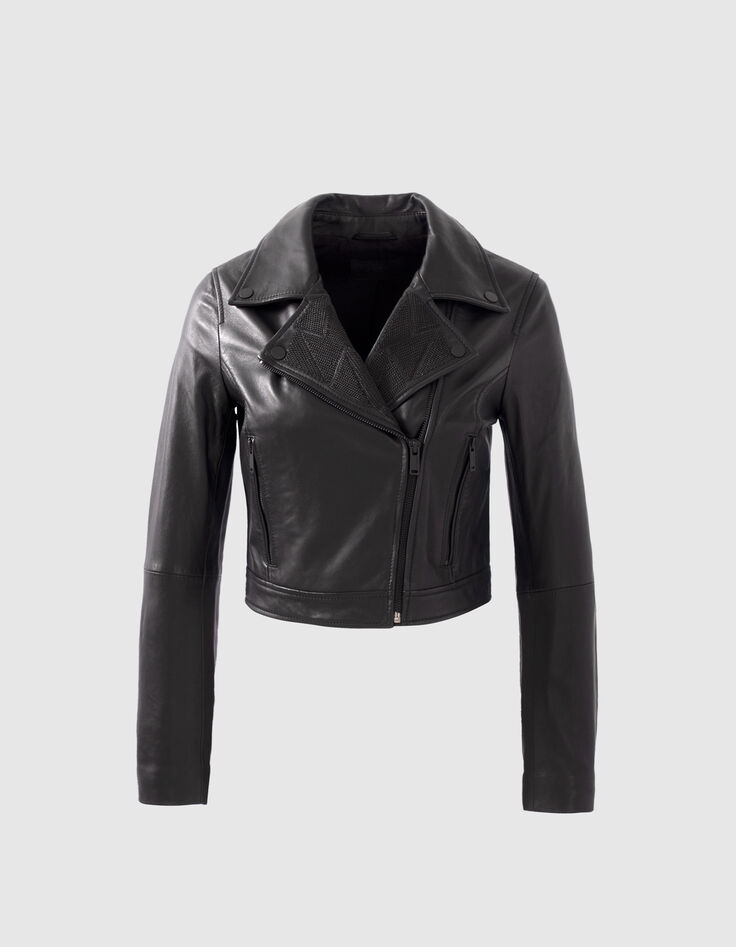 Schwarze Damen-Bikerlederjacke mit Zierketten-6