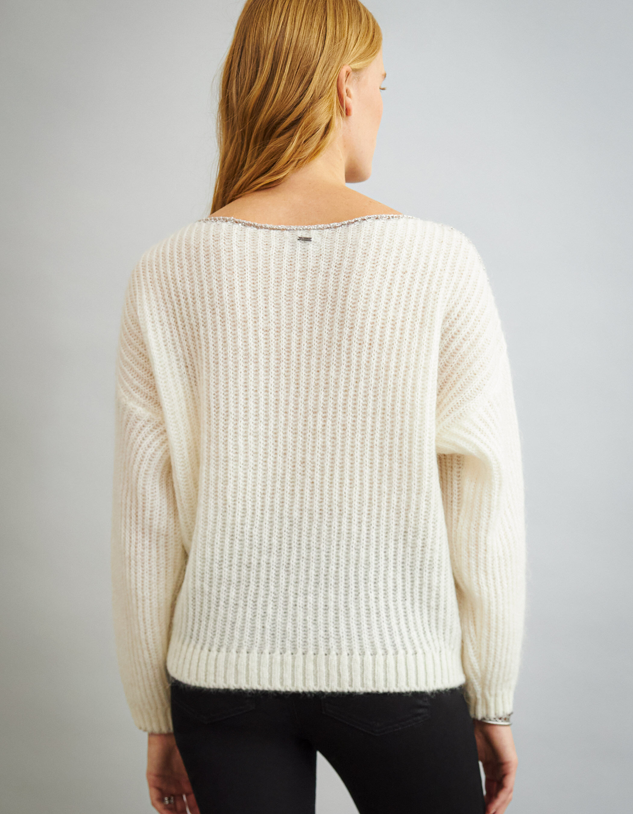 Women's ecru chunky knit sweater with mohair