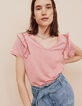 Women’s pink front/back T-shirt with ruffled shoulders-1