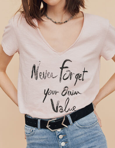 Tee-shirt rose en coton flammé bio visuel message femme - IKKS