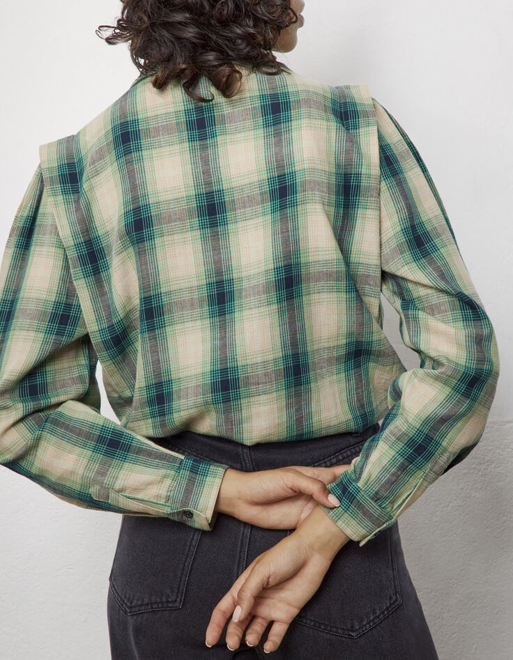 Women’s green and white check cotton shirt with badge-2