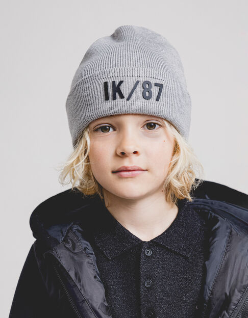 Boy's grey recycled knit beanie with gum logo - IKKS