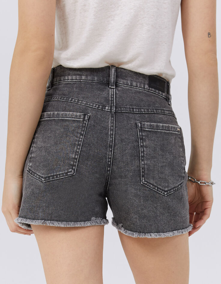 Graue Damen-Jeansshorts, hohe Taille, Fransen am Saum-3