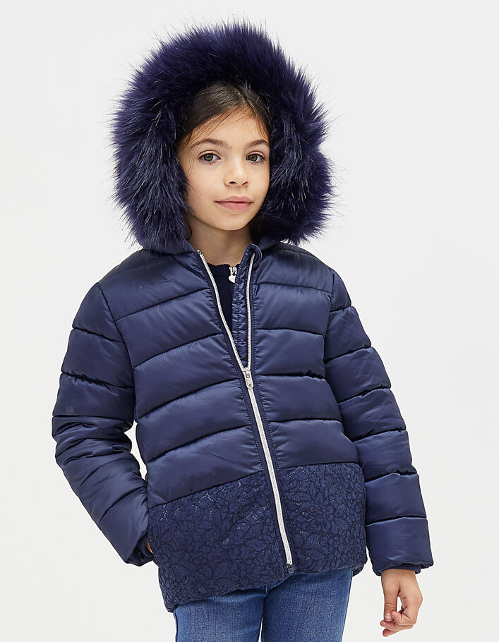 Girls’ navy padded jacket with navy lace