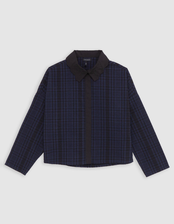 Girl's navy check cropped shirt-2