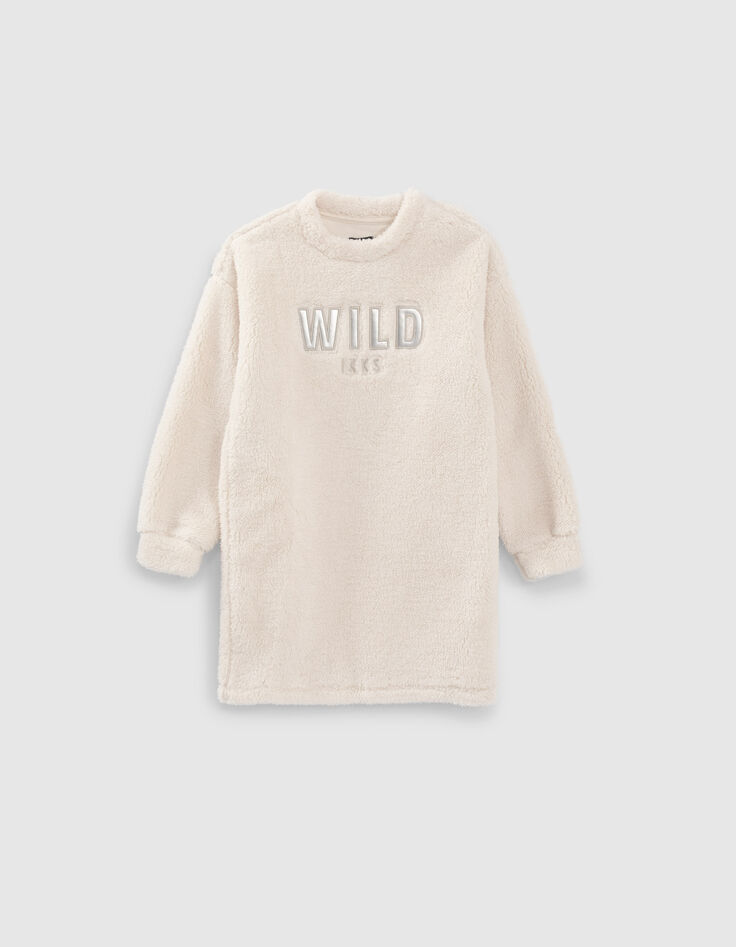 Girls’ ecru plush-style sweatshirt dress with letters-1