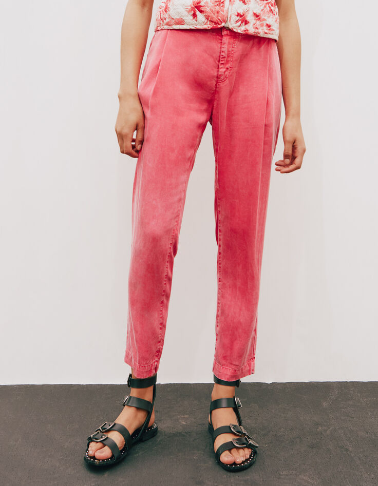 Roze broek in bleached tencel afneembare ceintuur dames-2