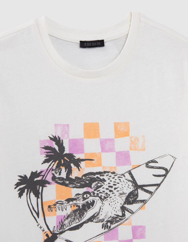 Boys’ white T-shirt with crocodile-surfer image-4