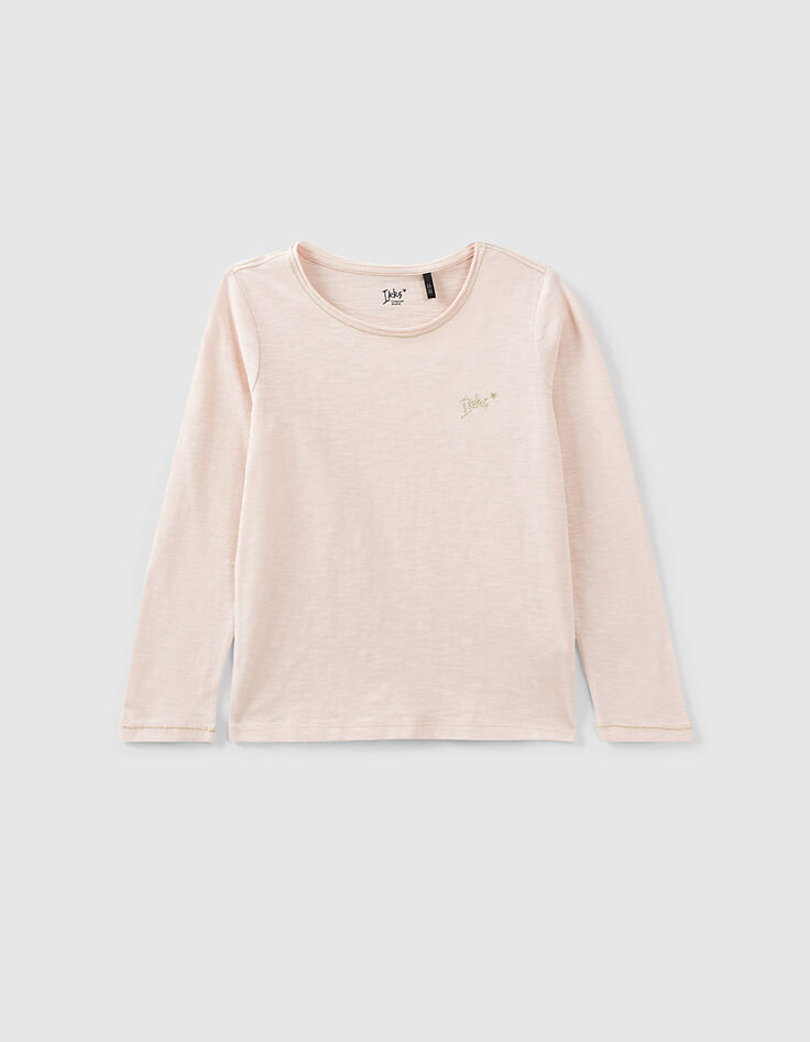 Poederroze T-shirt Essentials met IKKS geborduurd meisjes-1