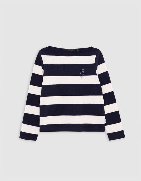 Girl’s sailor-stripe T-shirt, studded lightning and slogan - IKKS