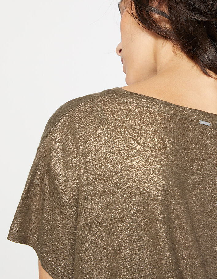 wide-cut linen T-shirt bronze foil V-neck Women\'s